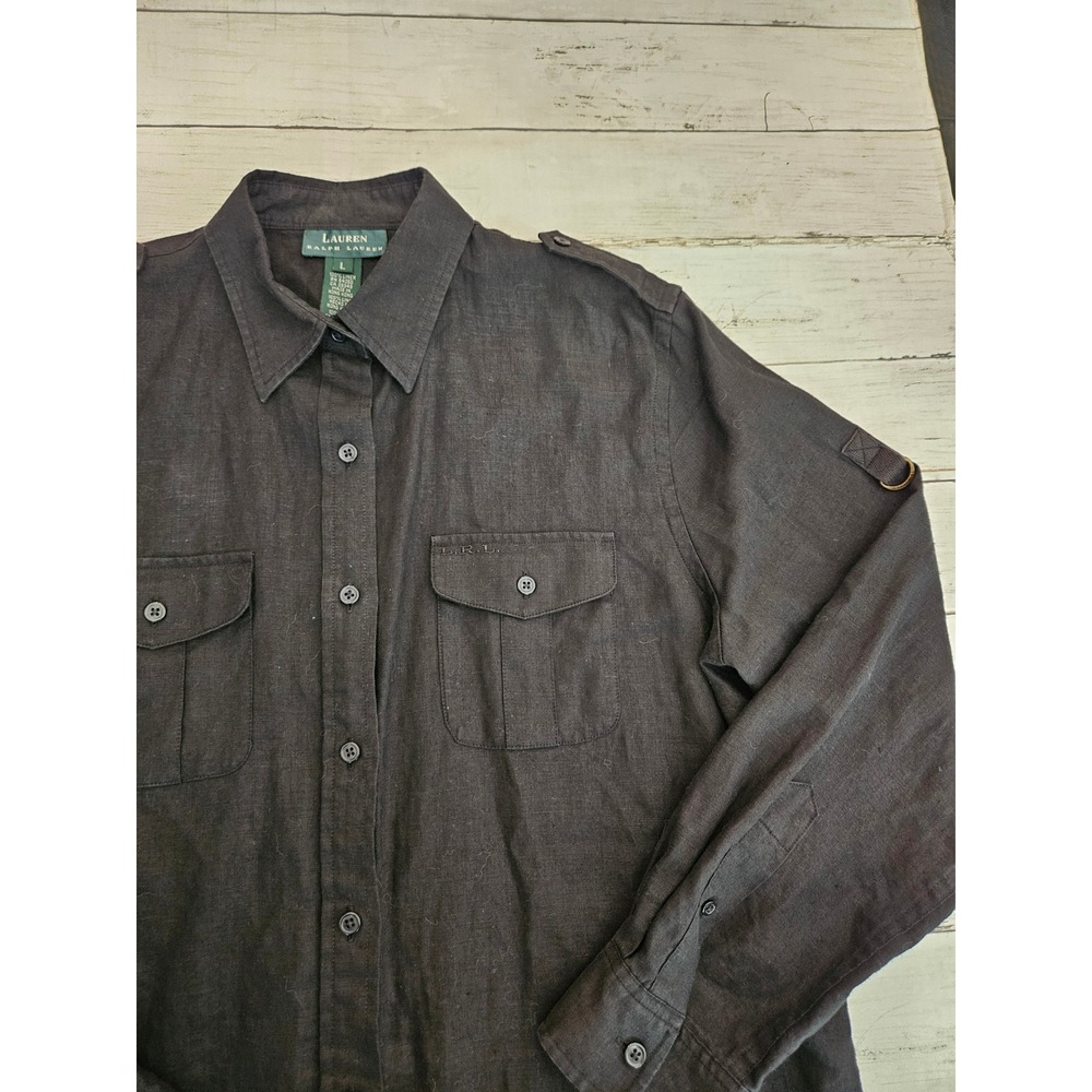 Lauren Ralph Lauren Womens Large Black 100% Linen Utility Button Down Shirt LRL